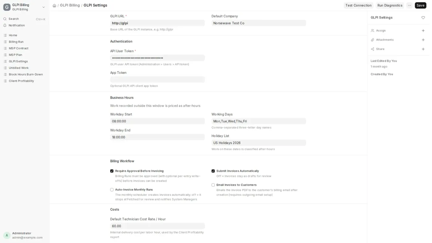 An ERPNext app turning work recorded in GLPI into draft Sales Invoices, across seven MSP contract models.