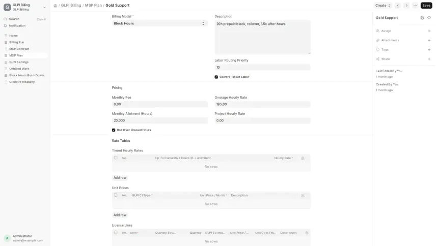 An ERPNext app turning work recorded in GLPI into draft Sales Invoices, across seven MSP contract models.