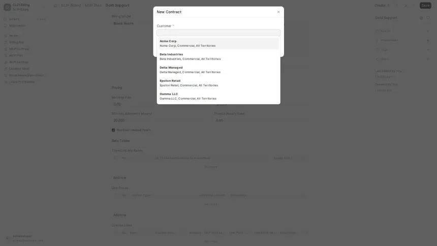 An ERPNext app turning work recorded in GLPI into draft Sales Invoices, across seven MSP contract models.