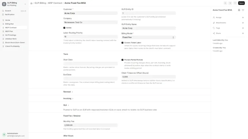 An ERPNext app turning work recorded in GLPI into draft Sales Invoices, across seven MSP contract models.