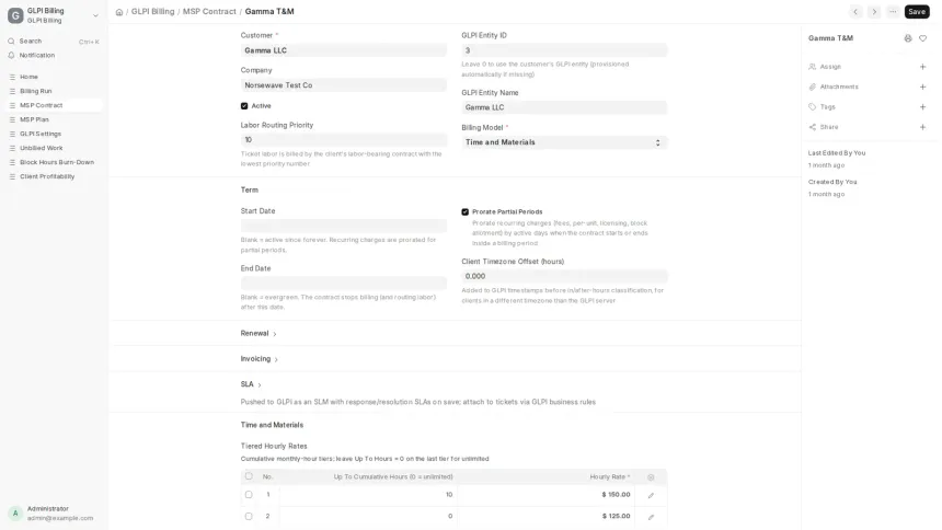 An ERPNext app turning work recorded in GLPI into draft Sales Invoices, across seven MSP contract models.