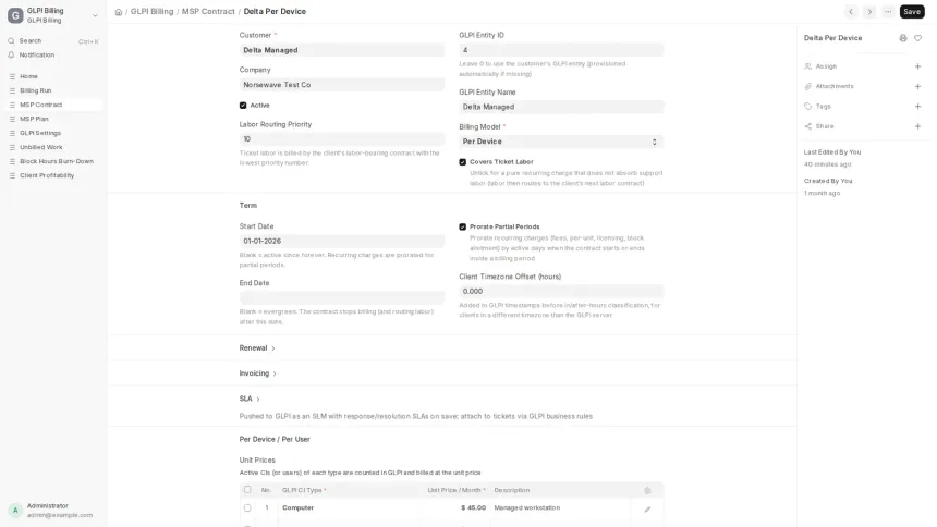 An ERPNext app turning work recorded in GLPI into draft Sales Invoices, across seven MSP contract models.