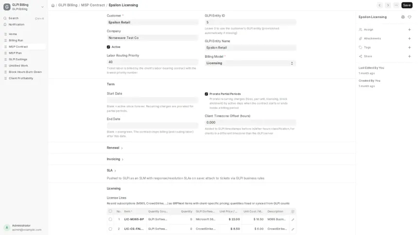 An ERPNext app turning work recorded in GLPI into draft Sales Invoices, across seven MSP contract models.