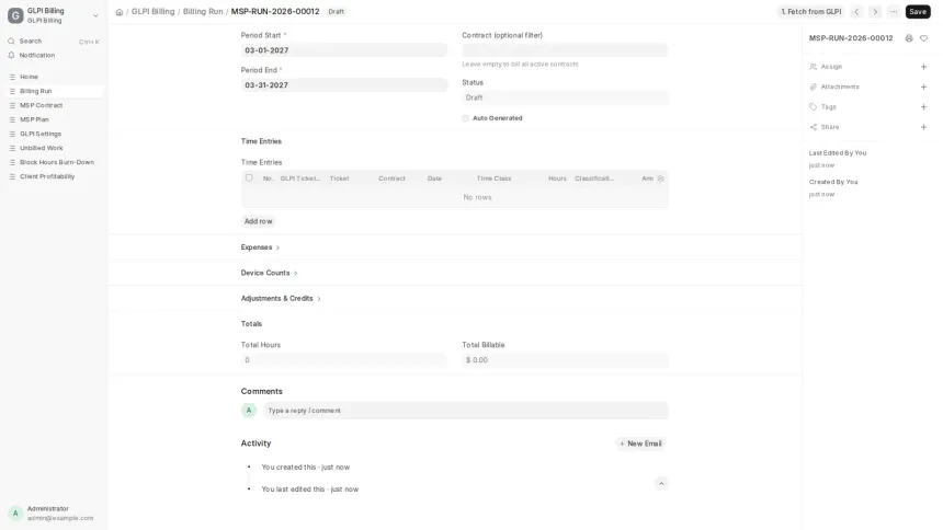 An ERPNext app turning work recorded in GLPI into draft Sales Invoices, across seven MSP contract models.