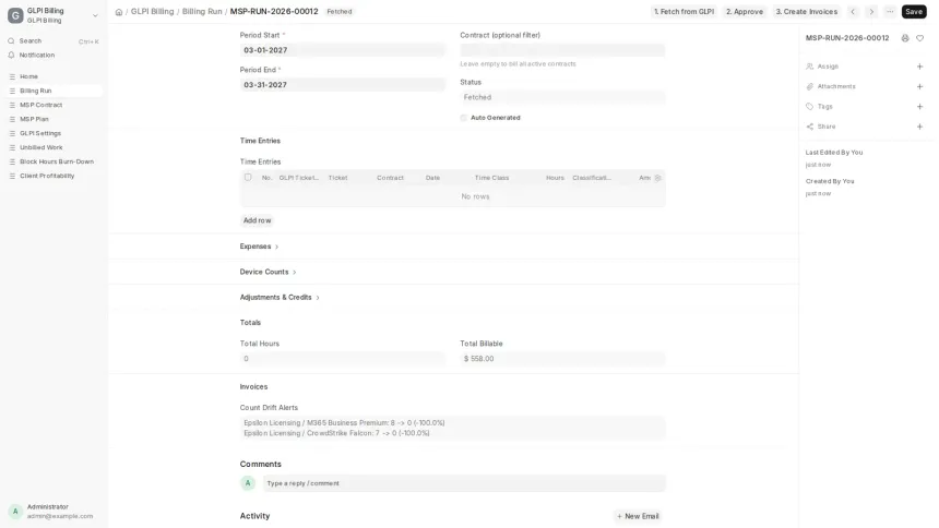 An ERPNext app turning work recorded in GLPI into draft Sales Invoices, across seven MSP contract models.
