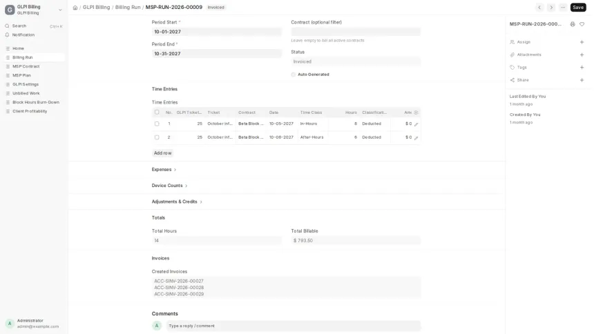 An ERPNext app turning work recorded in GLPI into draft Sales Invoices, across seven MSP contract models.