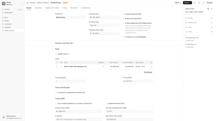 An ERPNext app turning work recorded in GLPI into draft Sales Invoices, across seven MSP contract models.