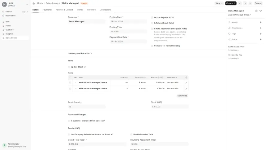 An ERPNext app turning work recorded in GLPI into draft Sales Invoices, across seven MSP contract models.
