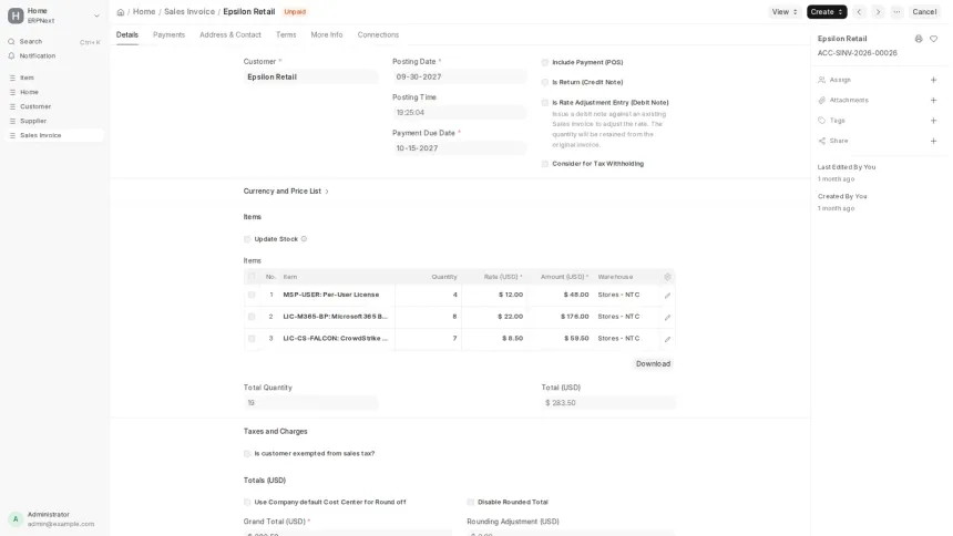 An ERPNext app turning work recorded in GLPI into draft Sales Invoices, across seven MSP contract models.