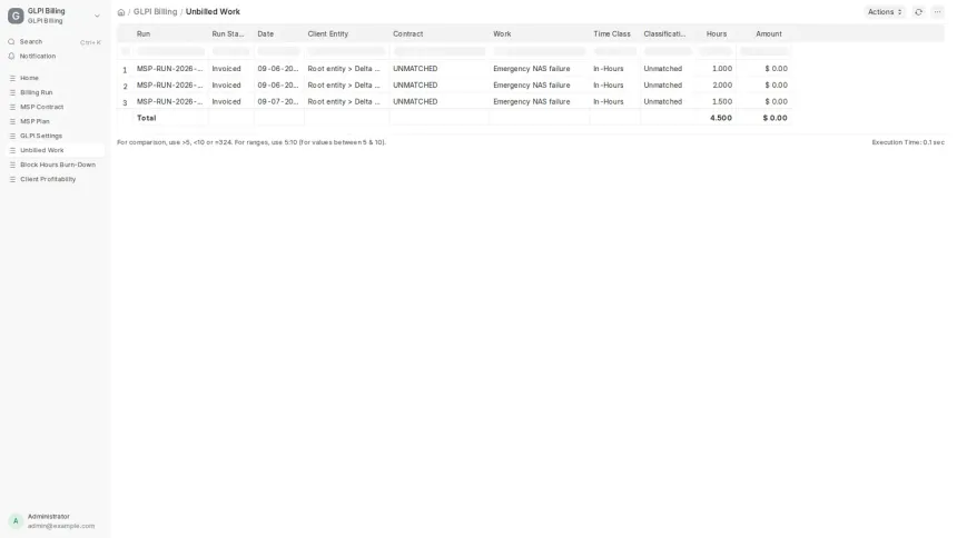 An ERPNext app turning work recorded in GLPI into draft Sales Invoices, across seven MSP contract models.