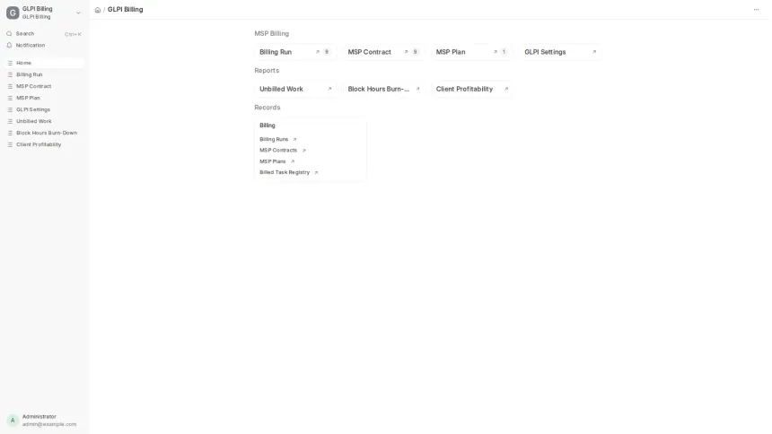 An ERPNext app turning work recorded in GLPI into draft Sales Invoices, across seven MSP contract models.