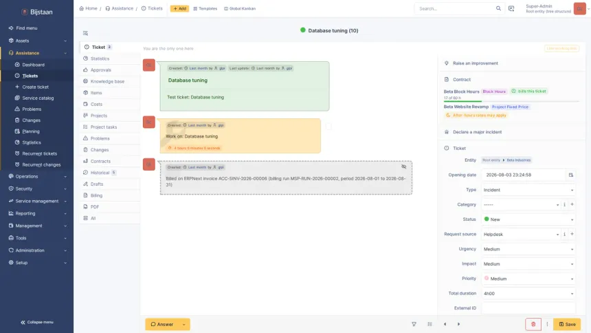 An ERPNext app turning work recorded in GLPI into draft Sales Invoices, across seven MSP contract models.