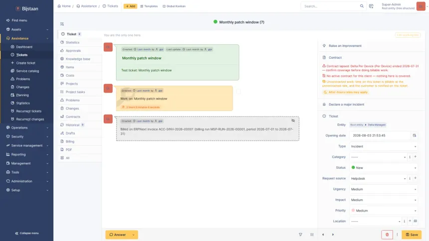 An ERPNext app turning work recorded in GLPI into draft Sales Invoices, across seven MSP contract models.