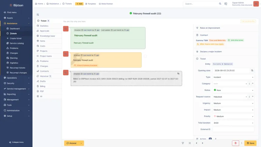 An ERPNext app turning work recorded in GLPI into draft Sales Invoices, across seven MSP contract models.