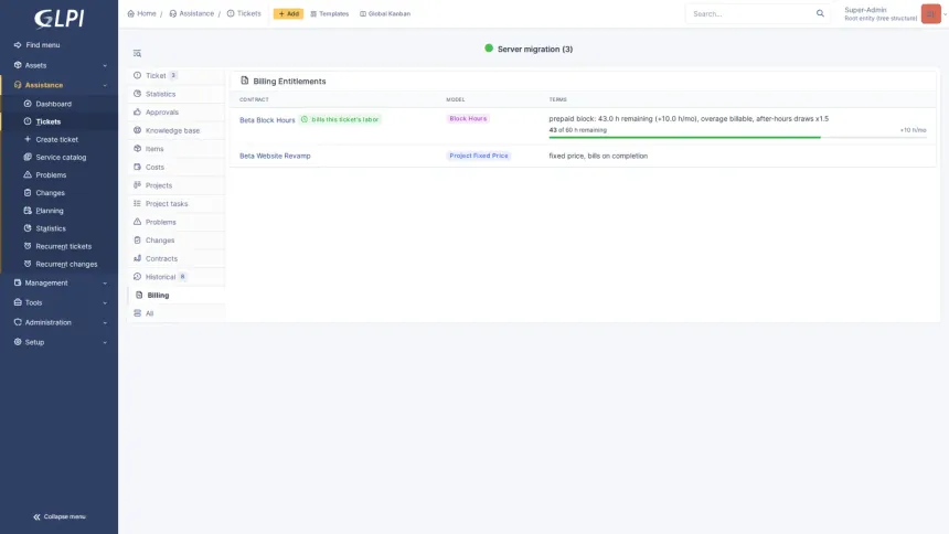 An ERPNext app turning work recorded in GLPI into draft Sales Invoices, across seven MSP contract models.