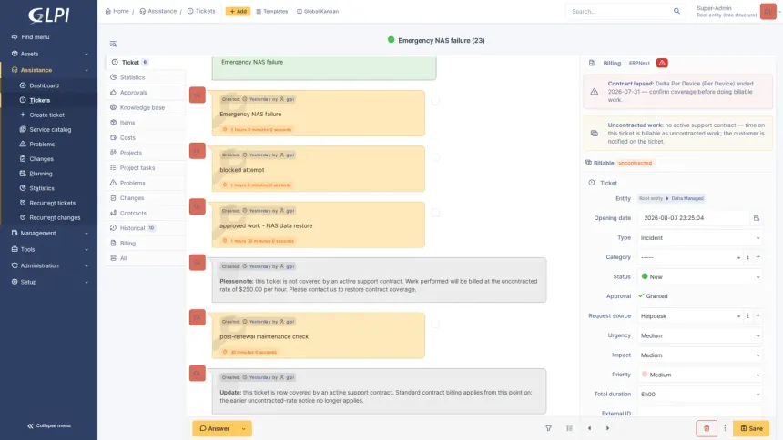 An ERPNext app turning work recorded in GLPI into draft Sales Invoices, across seven MSP contract models.