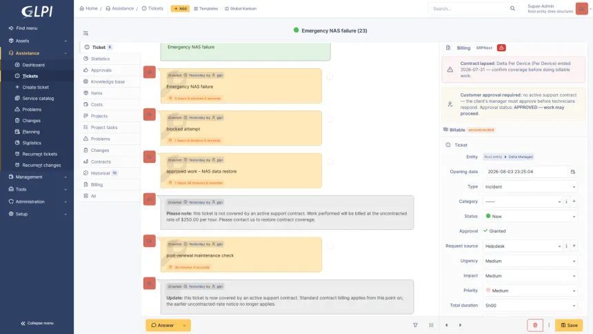 An ERPNext app turning work recorded in GLPI into draft Sales Invoices, across seven MSP contract models.