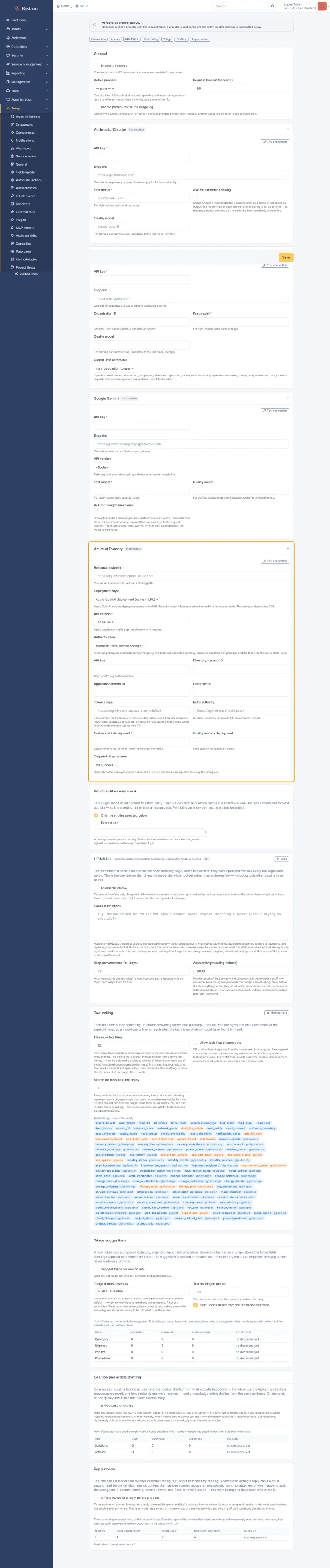 AI for GLPI 11 that works with whichever provider you choose, and the features a technician actually sees on top of it.