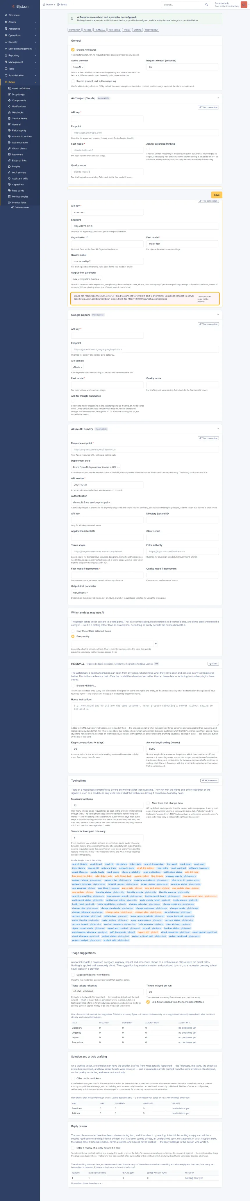 AI for GLPI 11 that works with whichever provider you choose, and the features a technician actually sees on top of it.