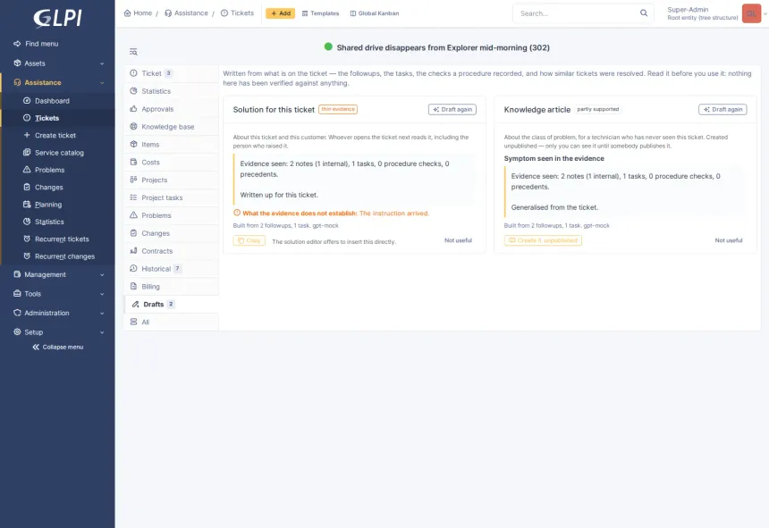 AI for GLPI 11 that works with whichever provider you choose, and the features a technician actually sees on top of it.