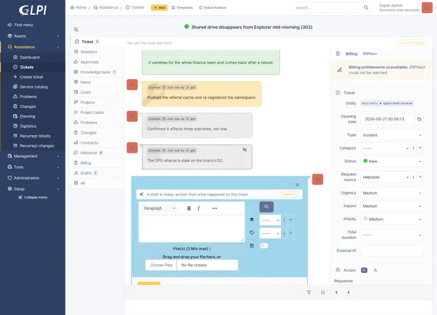AI for GLPI 11 that works with whichever provider you choose, and the features a technician actually sees on top of it.