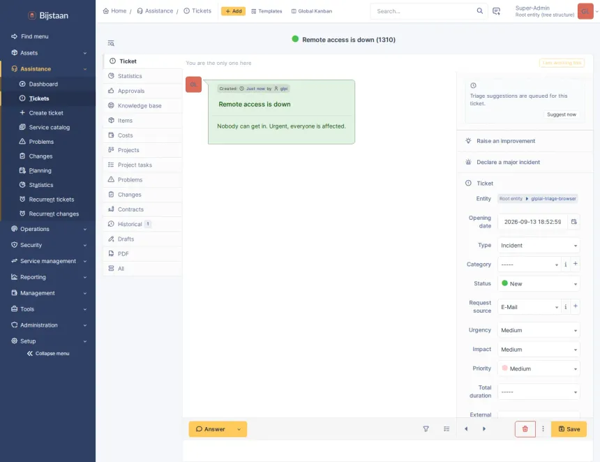 AI for GLPI 11 that works with whichever provider you choose, and the features a technician actually sees on top of it.