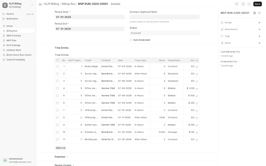 An ERPNext app turning work recorded in GLPI into draft Sales Invoices, across seven MSP contract models.
