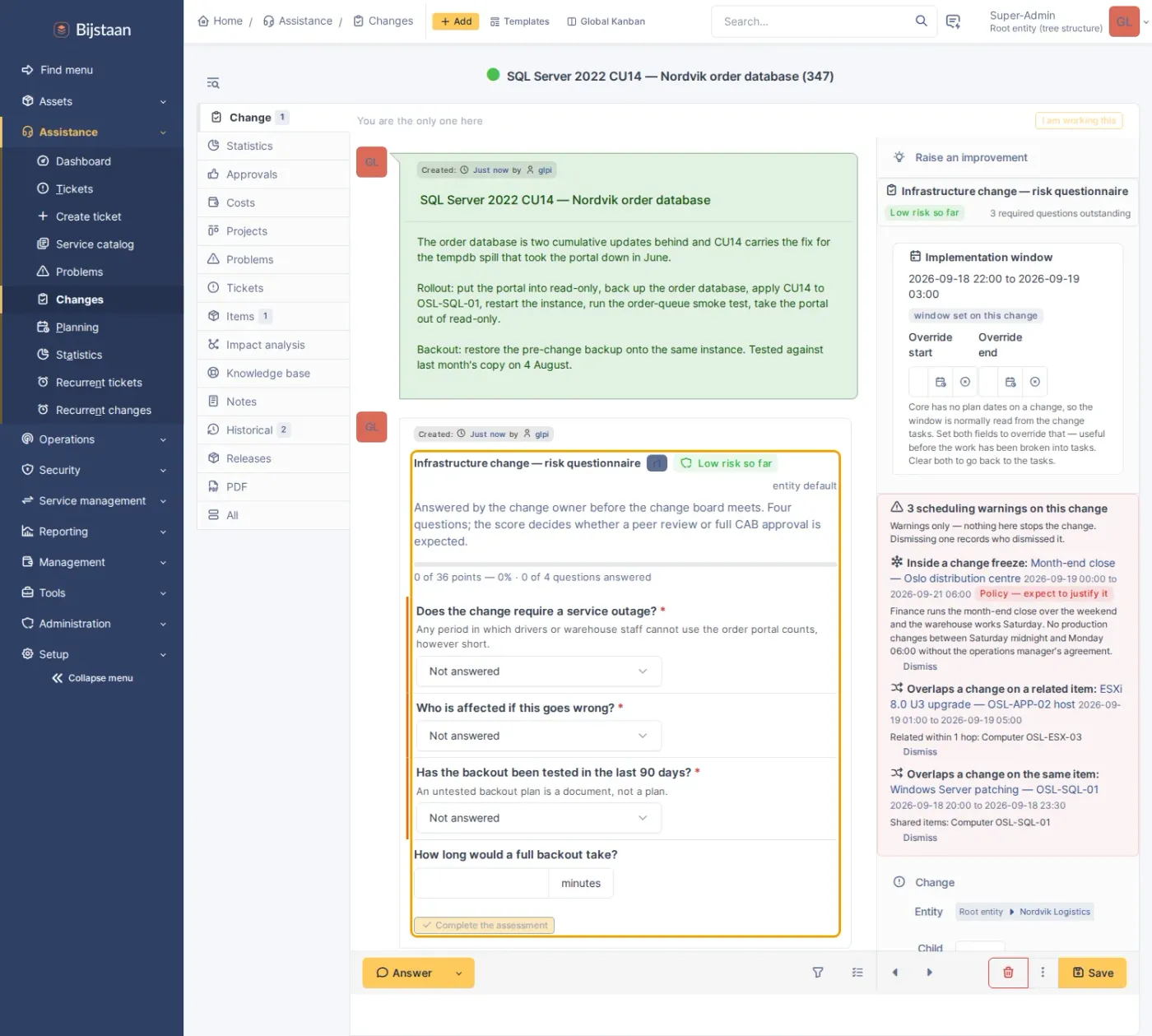 Risk questionnaire, implementation window and three scheduling warnings on one change