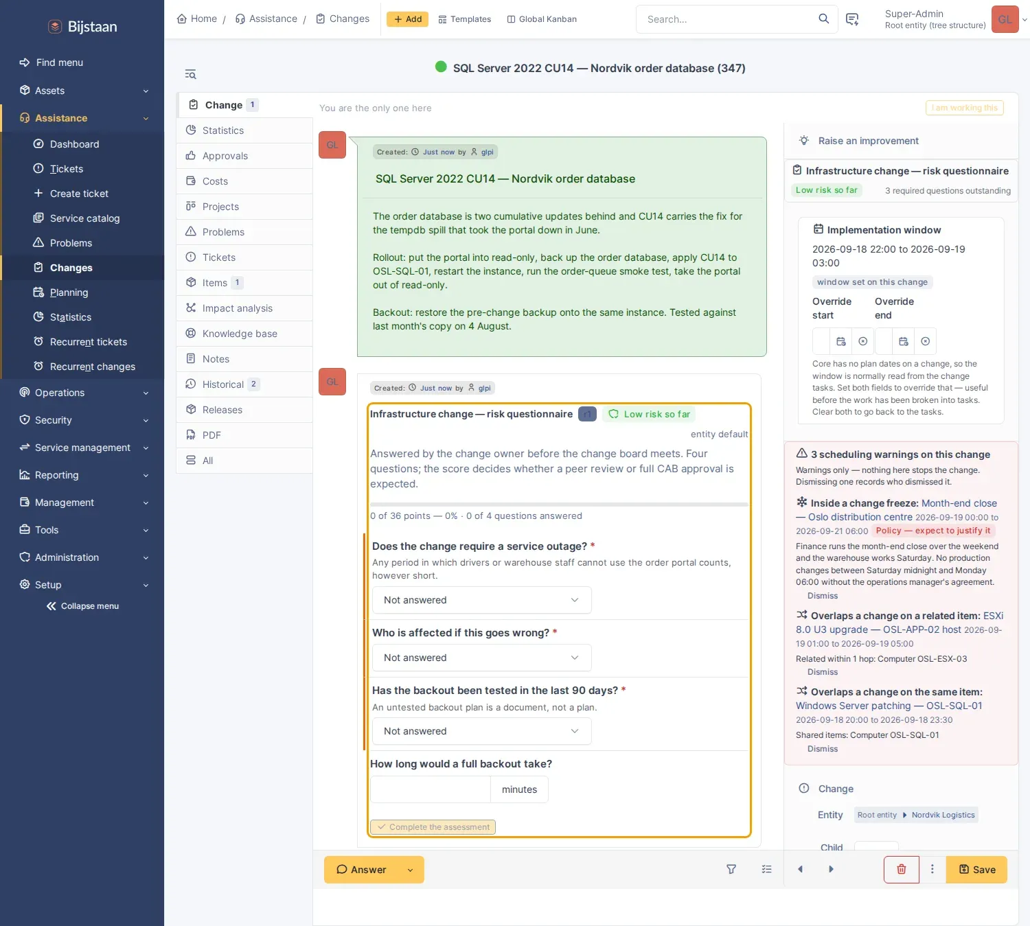 Risk questionnaire, implementation window and three scheduling warnings on one change