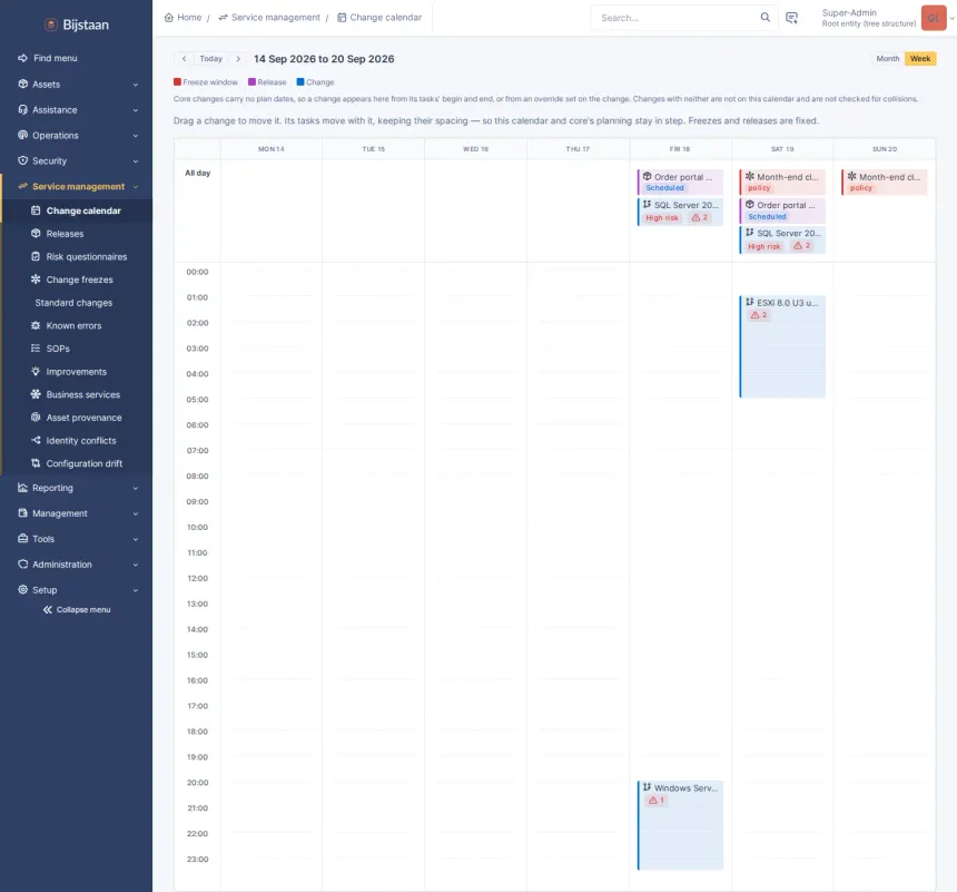 Change enablement built on GLPI’s own changes: a risk score, a shared calendar, freeze windows, collision warnings and a recorded outcome.