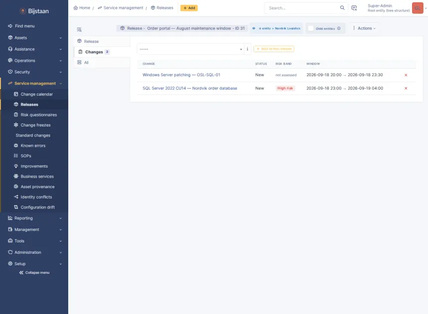 A release listing its changes with bands and windows