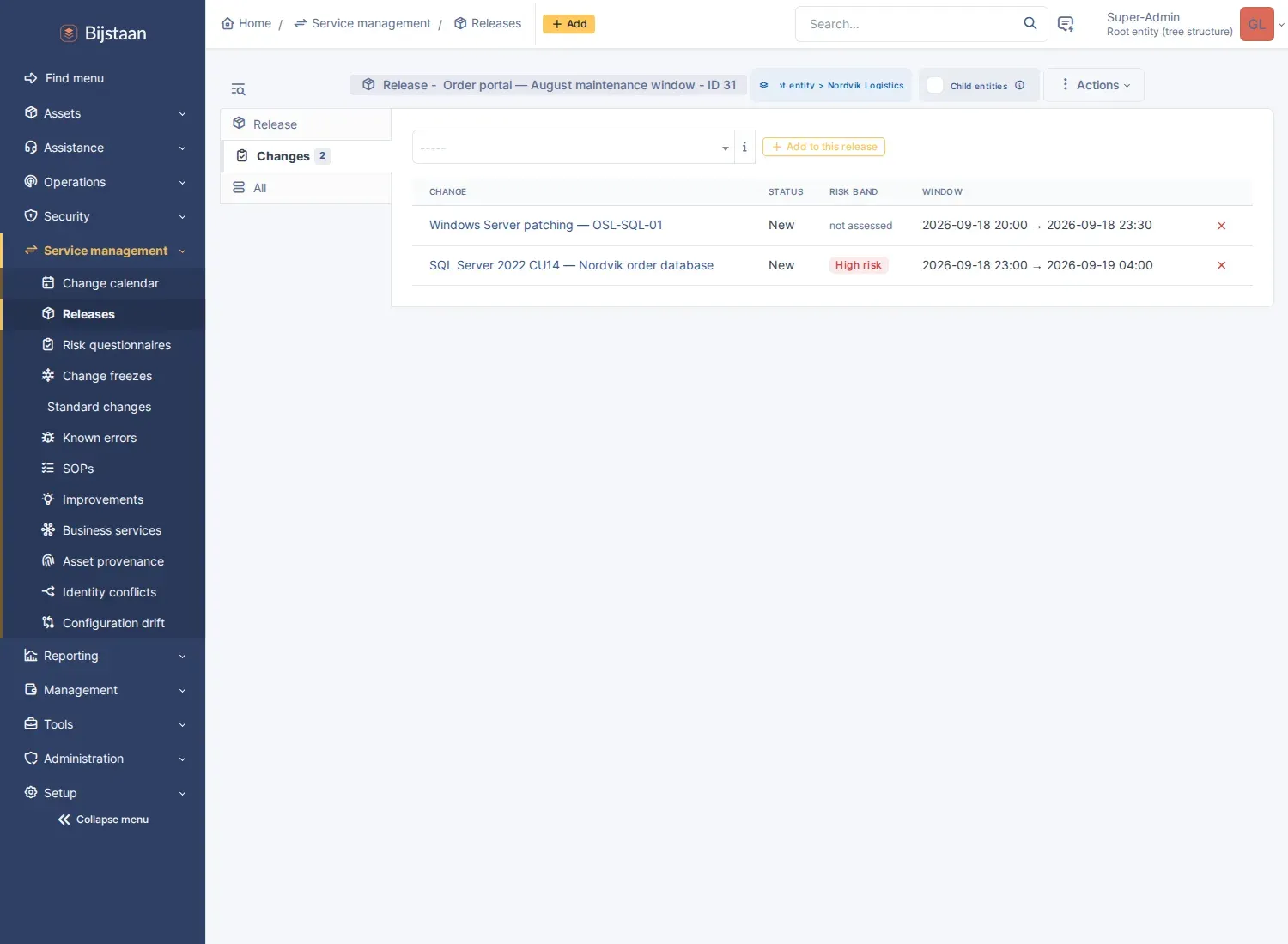 A release listing its changes with bands and windows