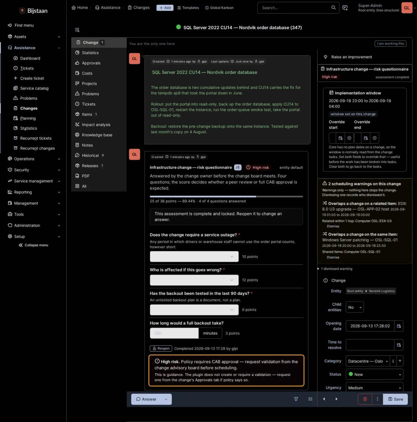 Risk questionnaire, implementation window and three scheduling warnings on one change