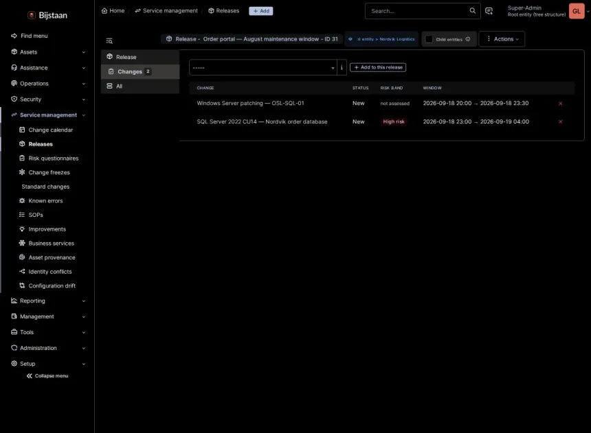 A release listing its changes with bands and windows