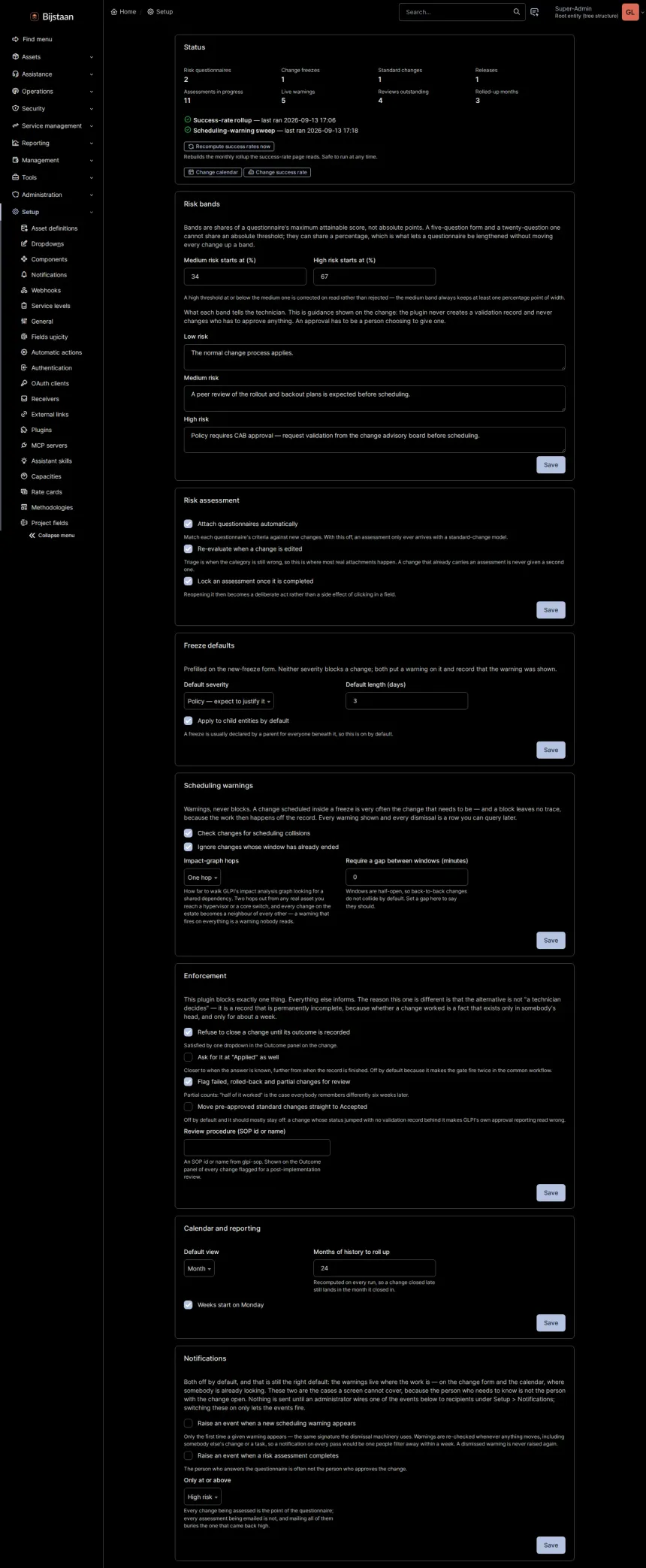 Settings page: six cards, each its own form with its own Save
