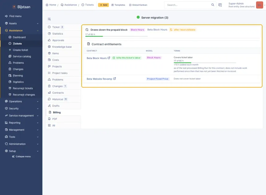 Billing tab on a Block Hours client: labor summary, contract table, per-contract deep links