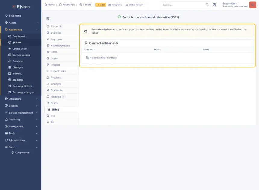 The same tab for a client with no contract: uncontracted-work alert and an empty table