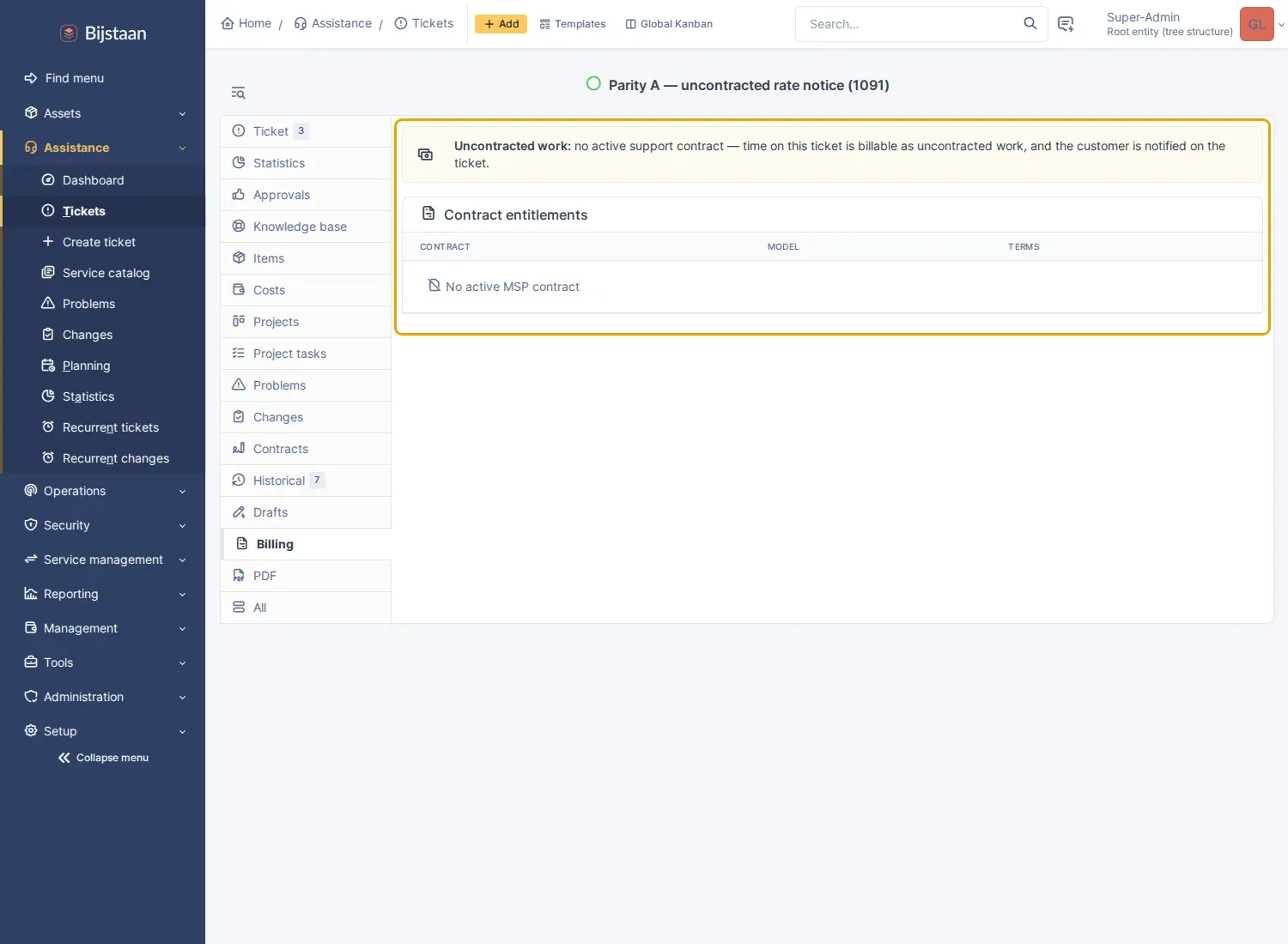 The same tab for a client with no contract: uncontracted-work alert and an empty table