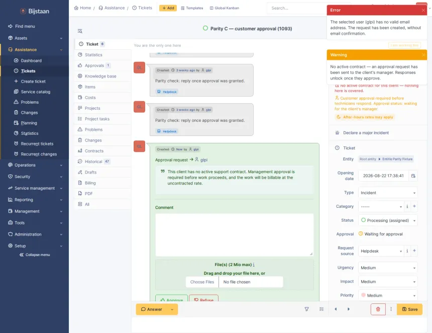 Contract entitlement and block-hours balance on the ticket, read from the glpi_billing ERPNext app.