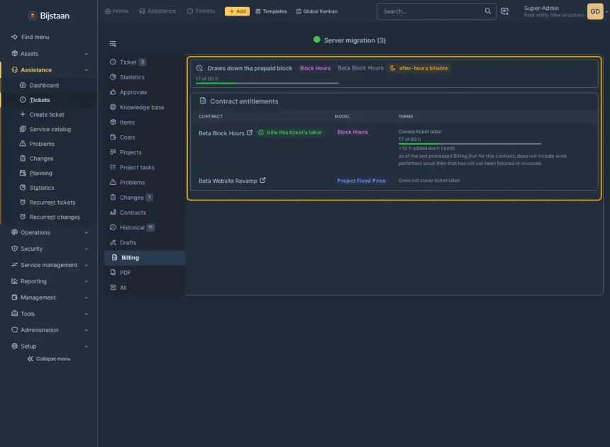 Billing tab on a Block Hours client: labor summary, contract table, per-contract deep links