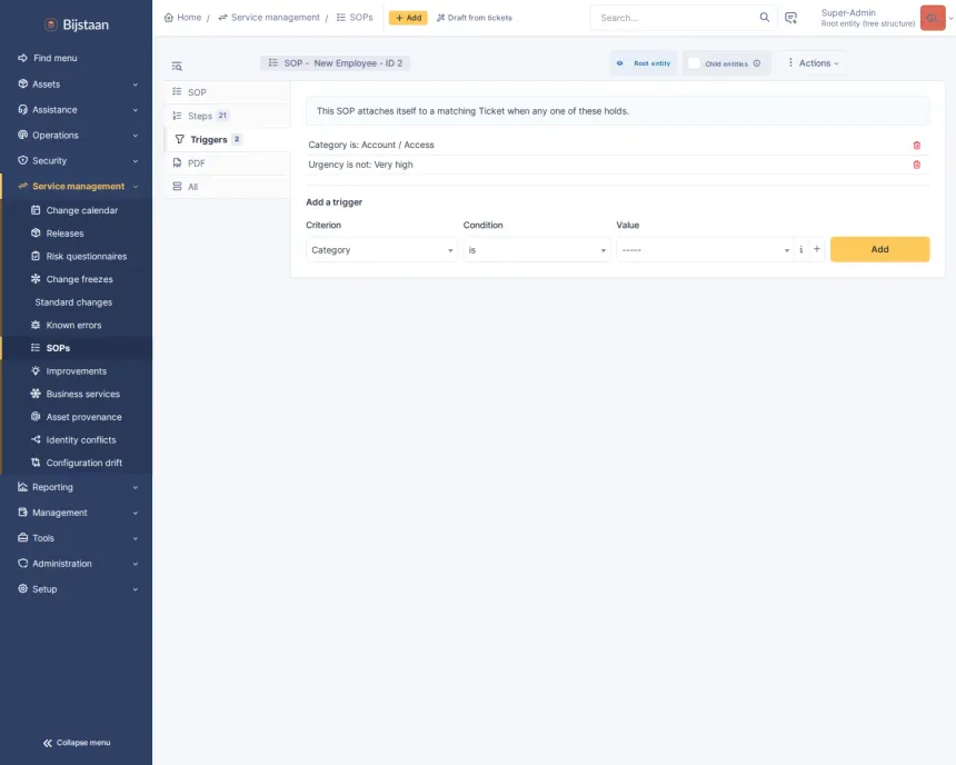 Interactive procedures that find the ticket, ask only the questions that apply, and record the answers as data.