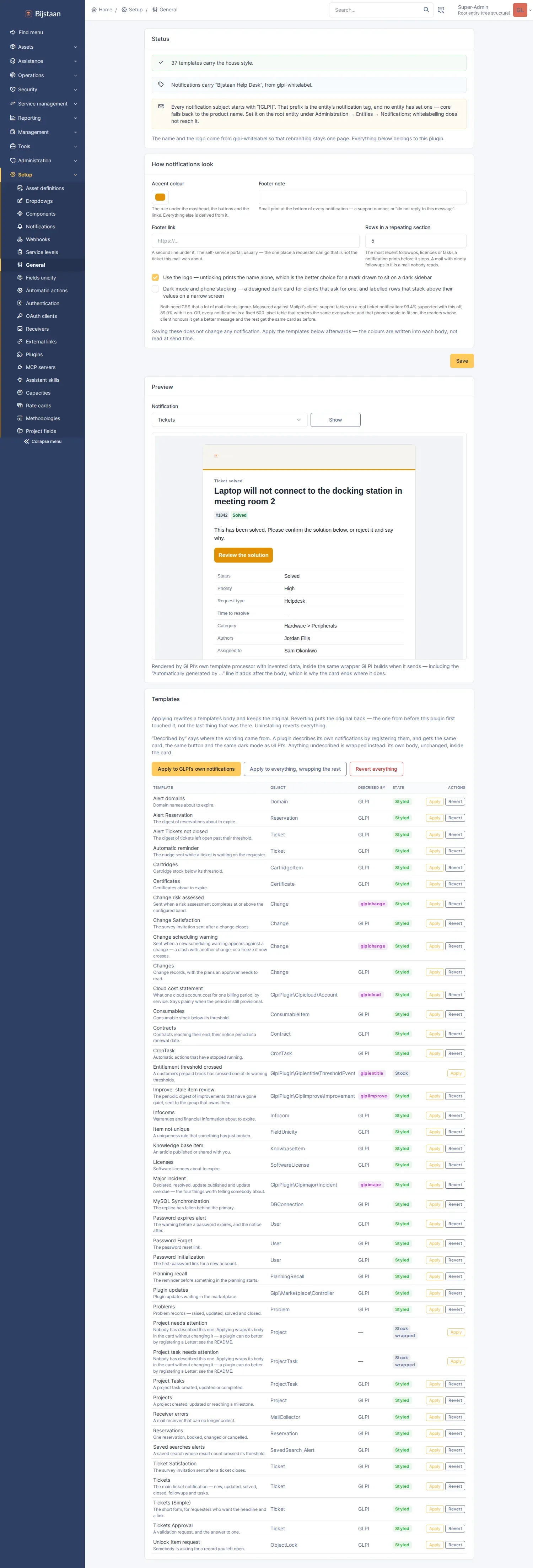 Settings page: status, appearance form, live preview, template table