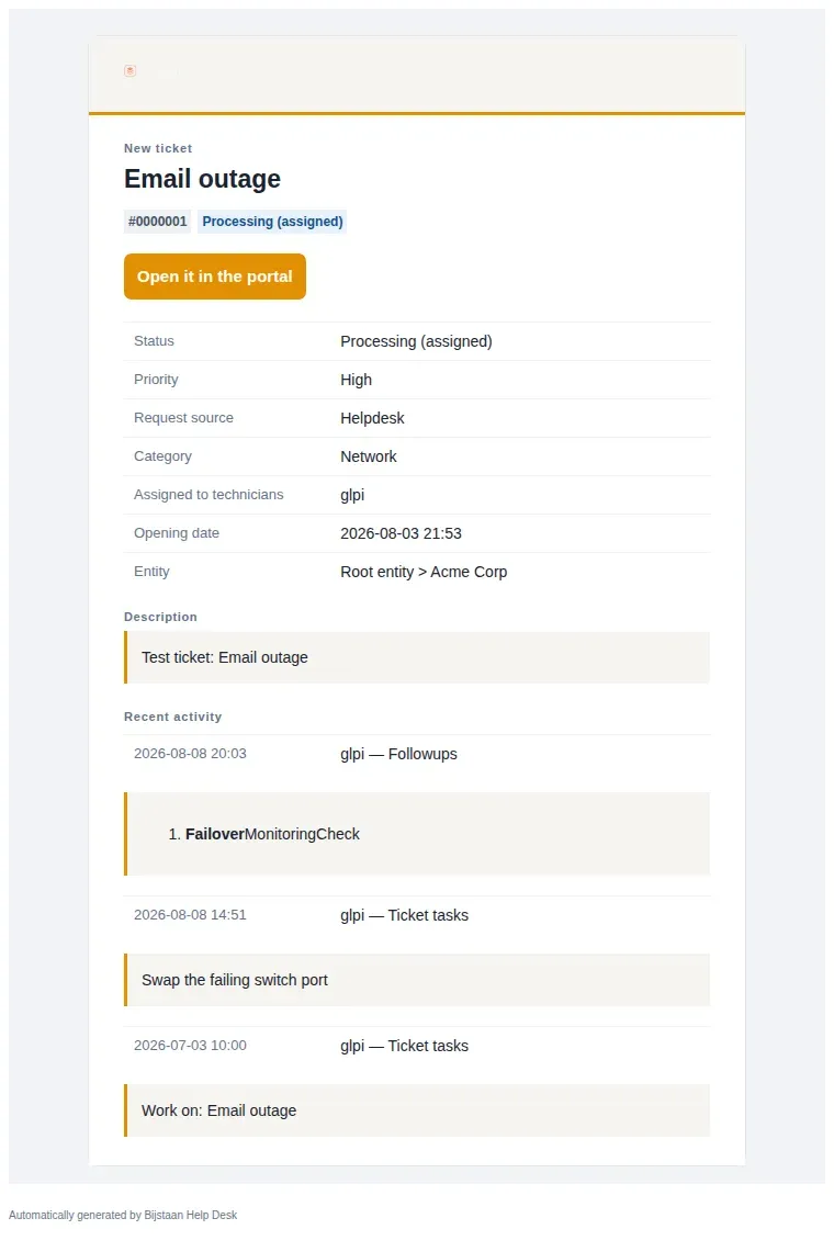 A ticket notification as GLPI renders it: whitelabel logo in the masthead, status pill, labelled rows, recent activity