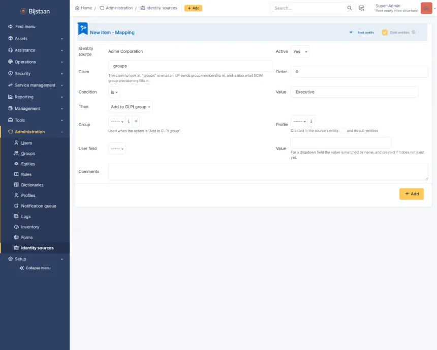 OIDC sign-in and SCIM 2.0 provisioning, with every entity bringing its own identity provider.
