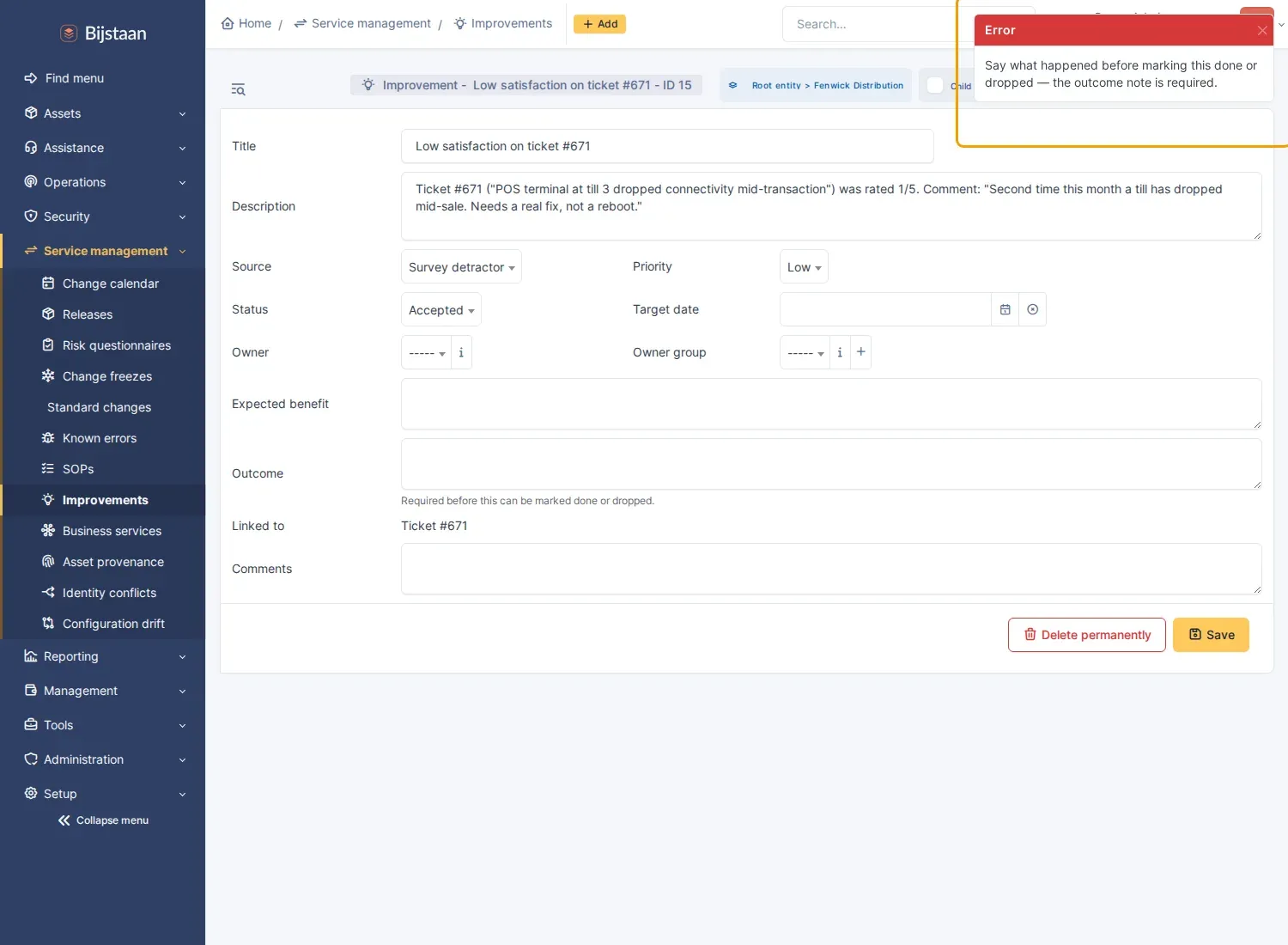 Edit form refusing to save a done status with no outcome note
