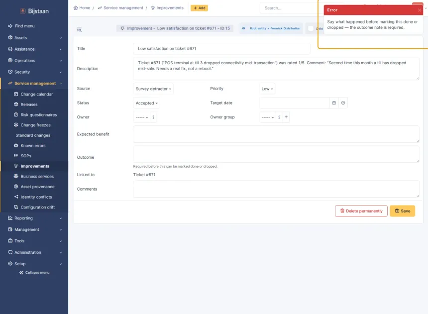 Edit form refusing to save a done status with no outcome note