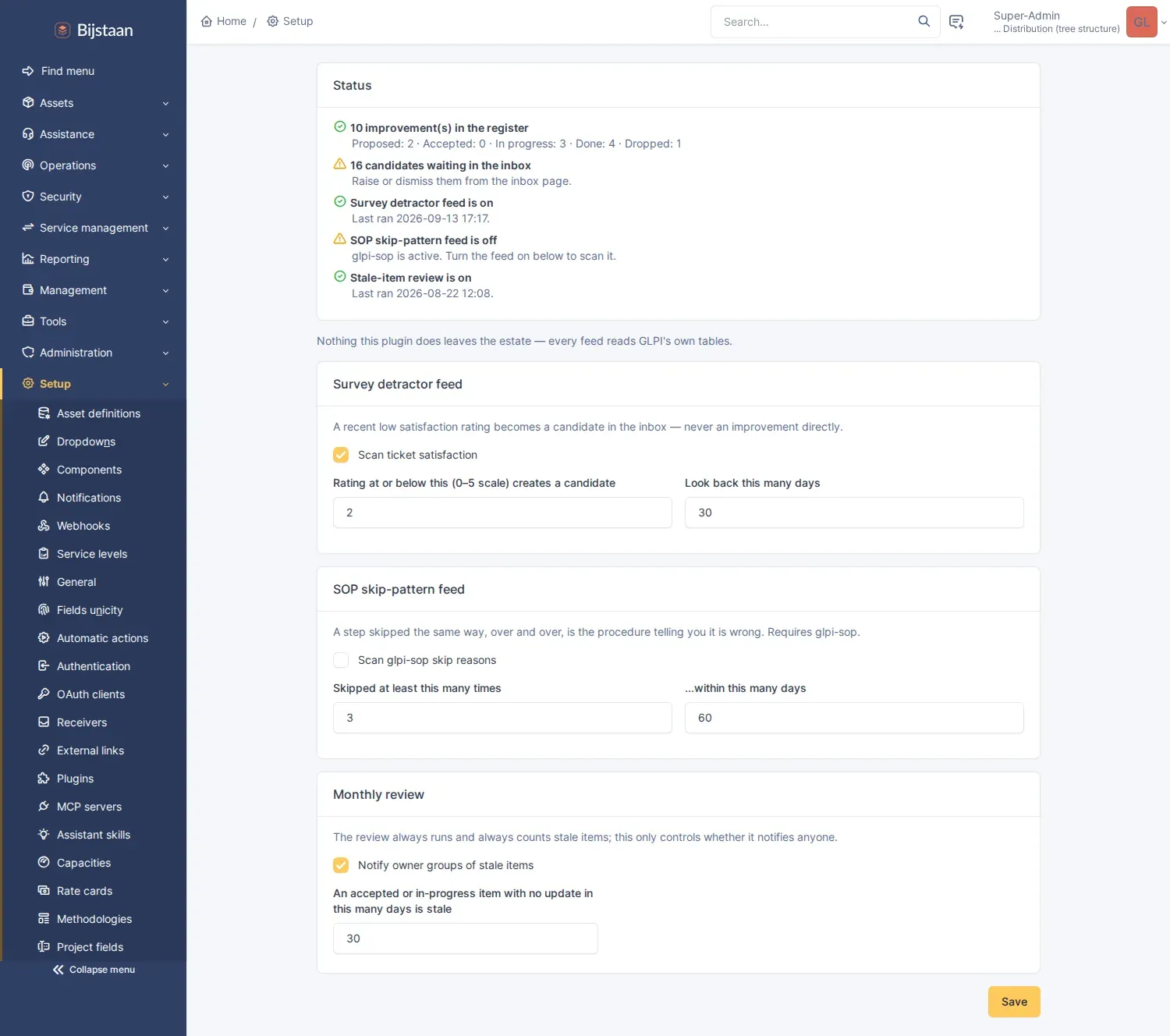 Settings page: status card, survey feed, SOP skip feed, monthly review