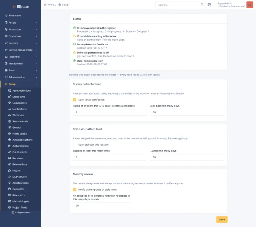 Settings page: status card, survey feed, SOP skip feed, monthly review
