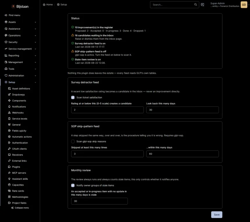 Settings page: status card, survey feed, SOP skip feed, monthly review