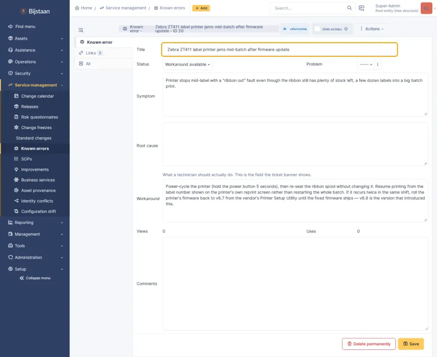 Known error form with its category/CI links tab